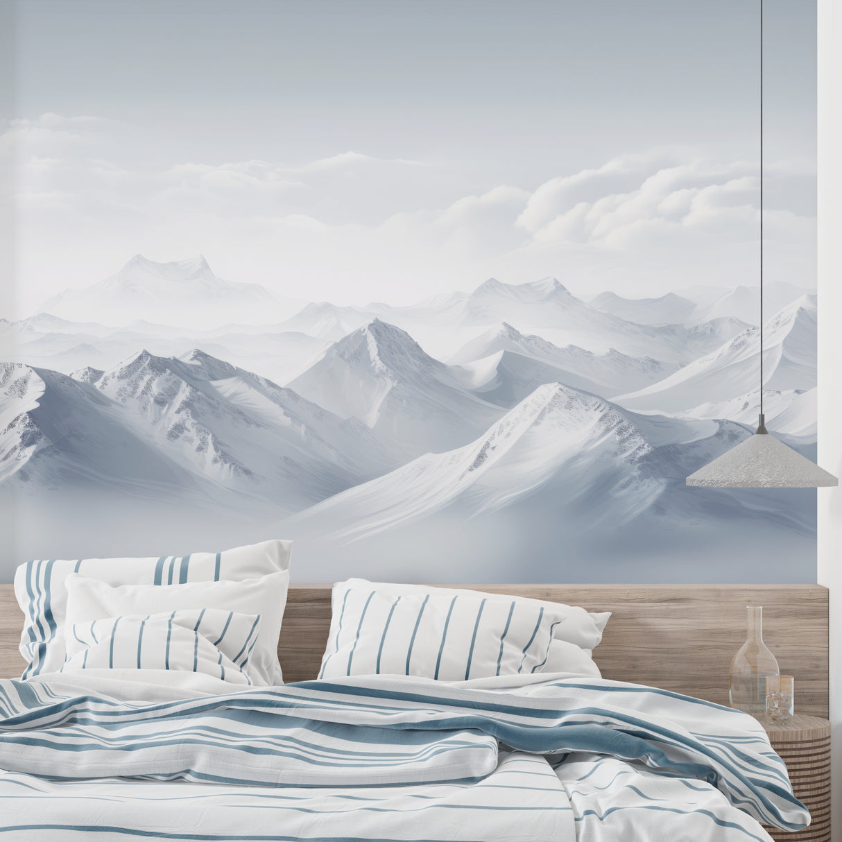 Watercolor mountain wallpaper in cozy bedroom creating peaceful atmosphere