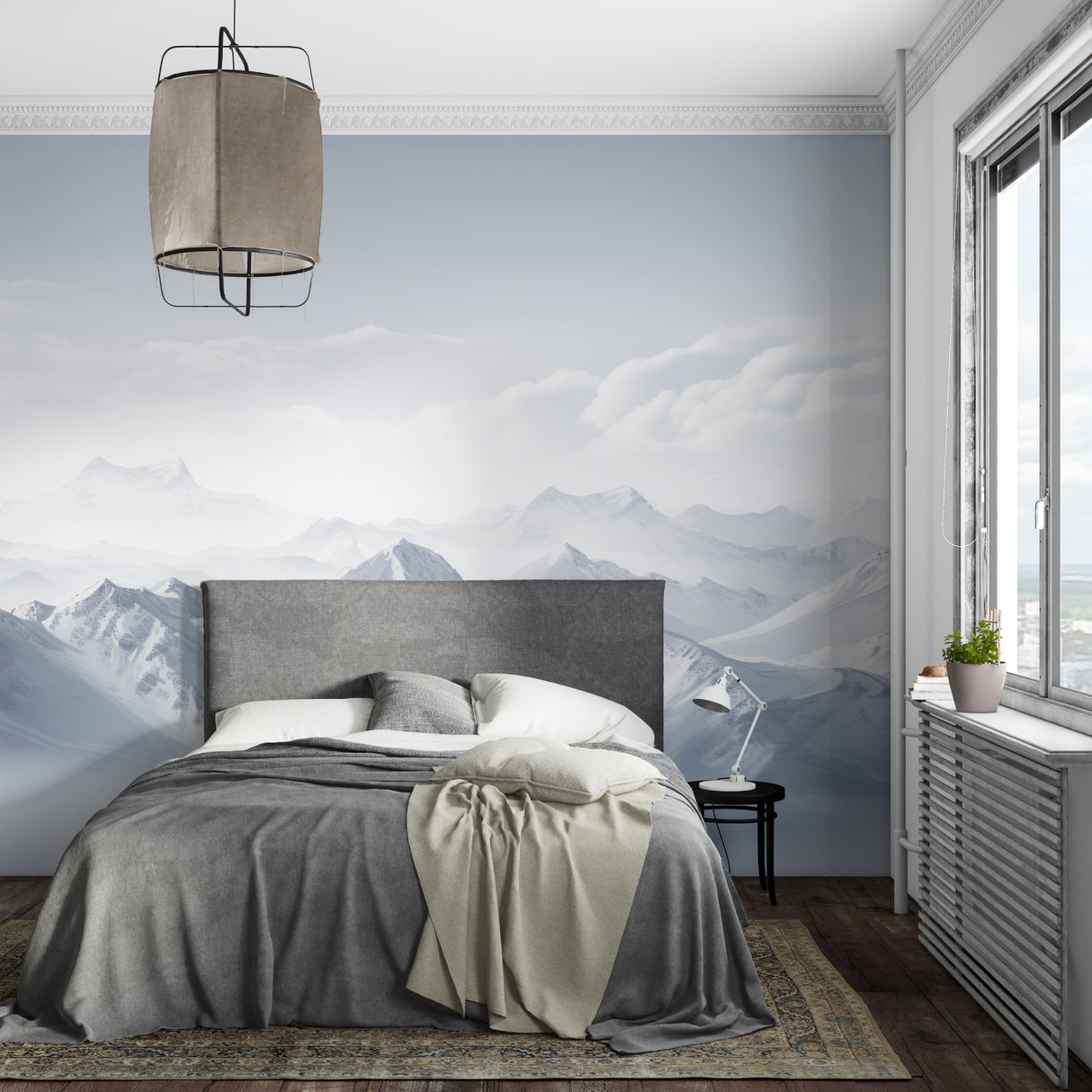 Mountain landscape mural in home office showing soft winter colors