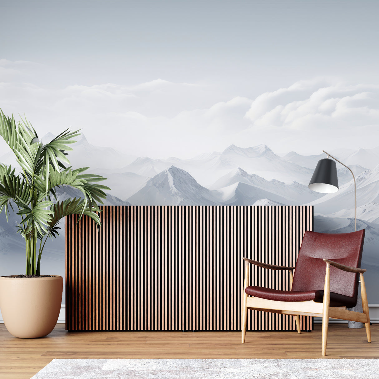Snowy peaks wallpaper in dining room with natural lighting