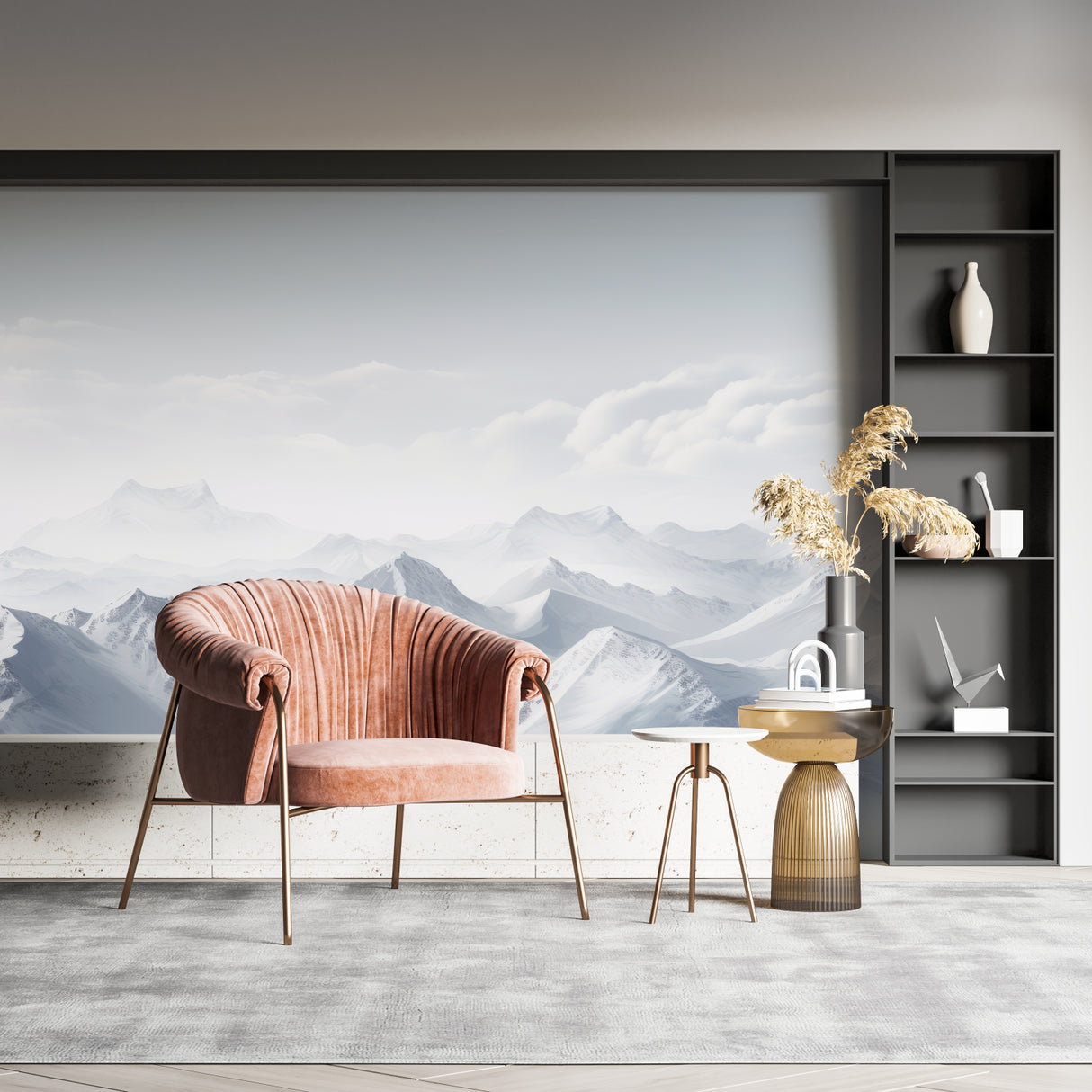 Alpine wallpaper mural in minimal hallway showing full wall application