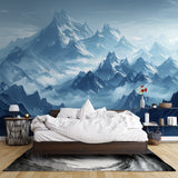 Panoramic mountain wallpaper adding depth to home office with wooden desk