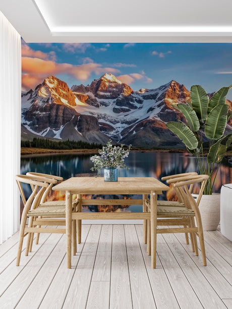 Mountain landscape wallpaper creating depth in modern living room with minimal furniture