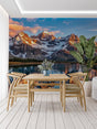 Mountain landscape wallpaper creating depth in modern living room with minimal furniture