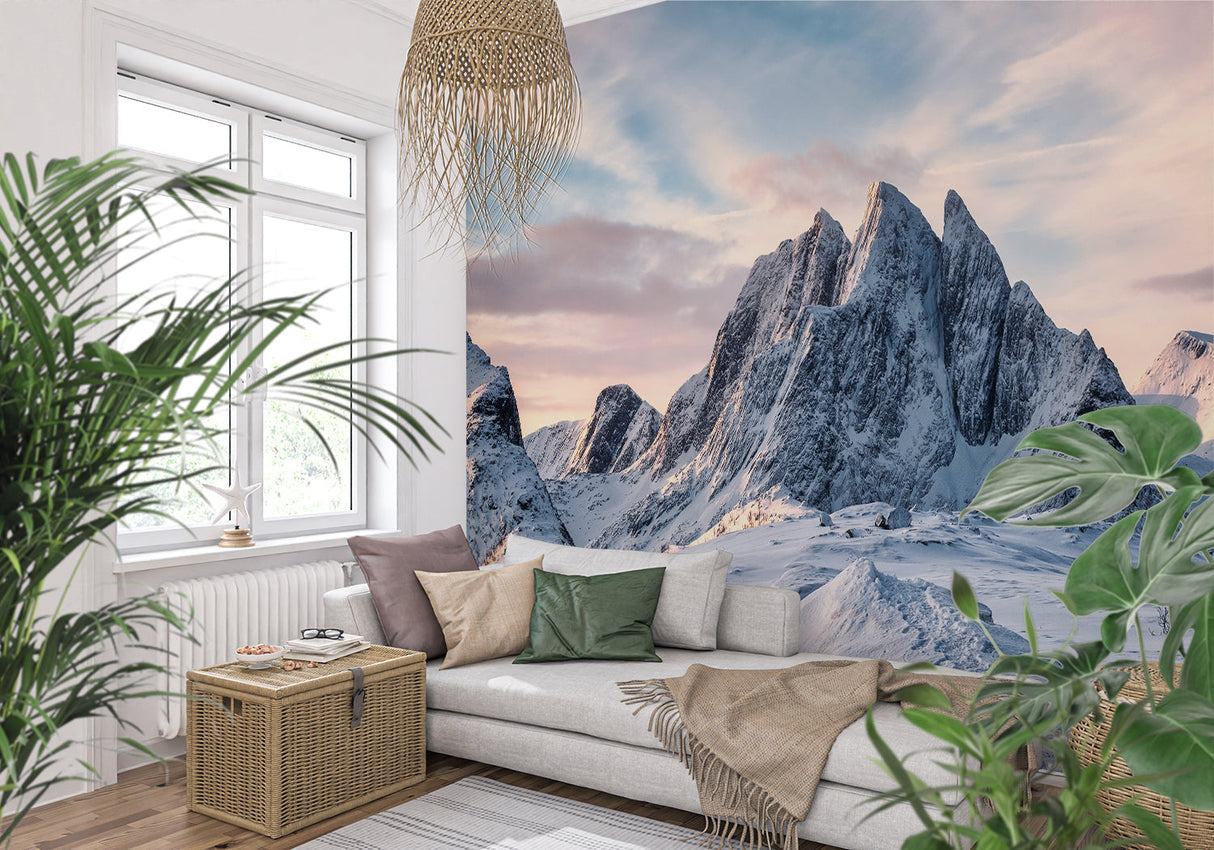 Snowy peaks wallpaper in cozy bedroom setting with wooden furniture