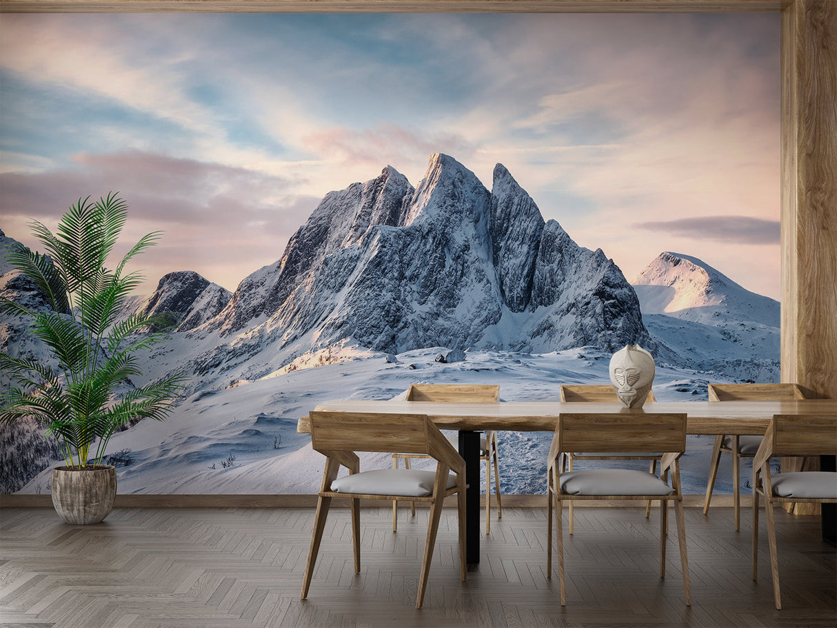 Sunset mountain wallpaper creating focal point in minimalist home office