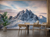 Sunset mountain wallpaper creating focal point in minimalist home office
