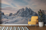 Snow-capped peaks mural transforming meditation room with soft lighting