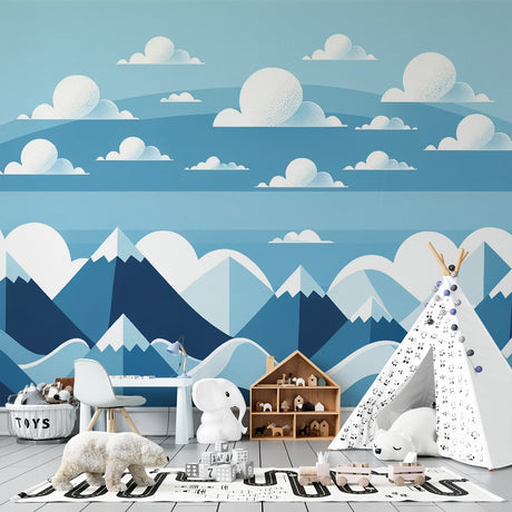 Mountain landscape wallpaper creating depth in modern living room with grey sofa and natural light