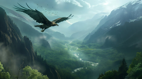 Mountain landscape wallpaper with soaring eagle shown in a modern living room, creating depth and drama