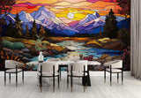 Mountain landscape wallpaper in modern living room, showing stained glass sunset design casting warm light across furniture