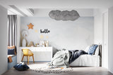 Starry night mountain mural creating calm atmosphere in master bedroom