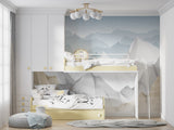 Minimalist mountain mural in Scandinavian dining room setting