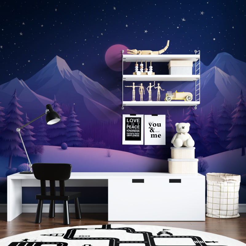 Mountain wallpaper with pink moon creating cozy atmosphere in modern bedroom