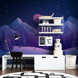 Mountain wallpaper with pink moon creating cozy atmosphere in modern bedroom