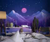 Starry night mountain mural adding depth to minimalist living room