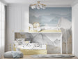 Mountain and stars wallpaper in a cozy nursery with wooden crib and soft lighting