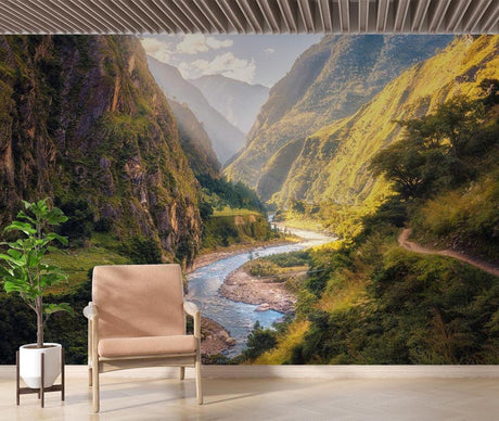Mountain landscape wallpaper creating depth in a modern living room with natural light