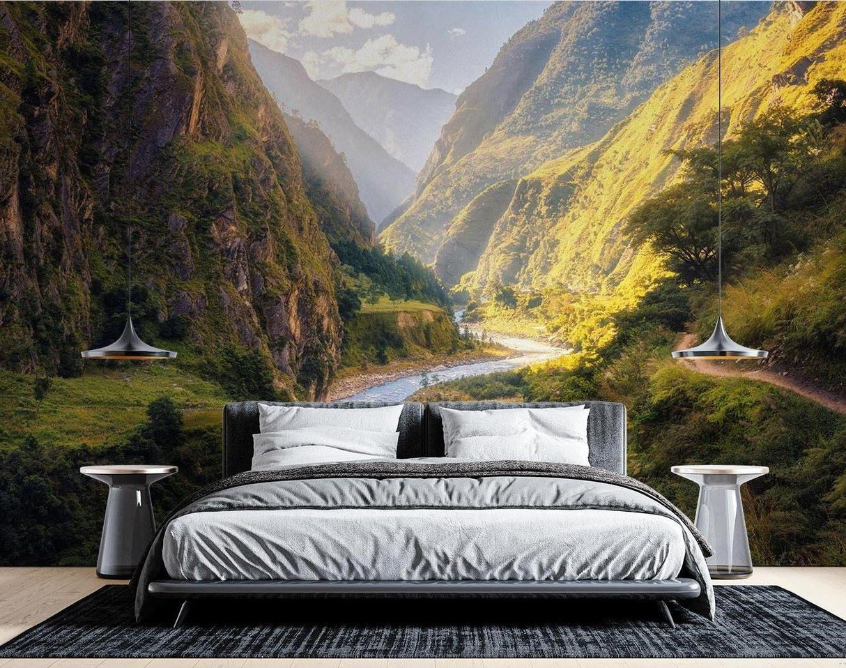 Scenic valley mural wallpaper making a bedroom feel spacious and peaceful
