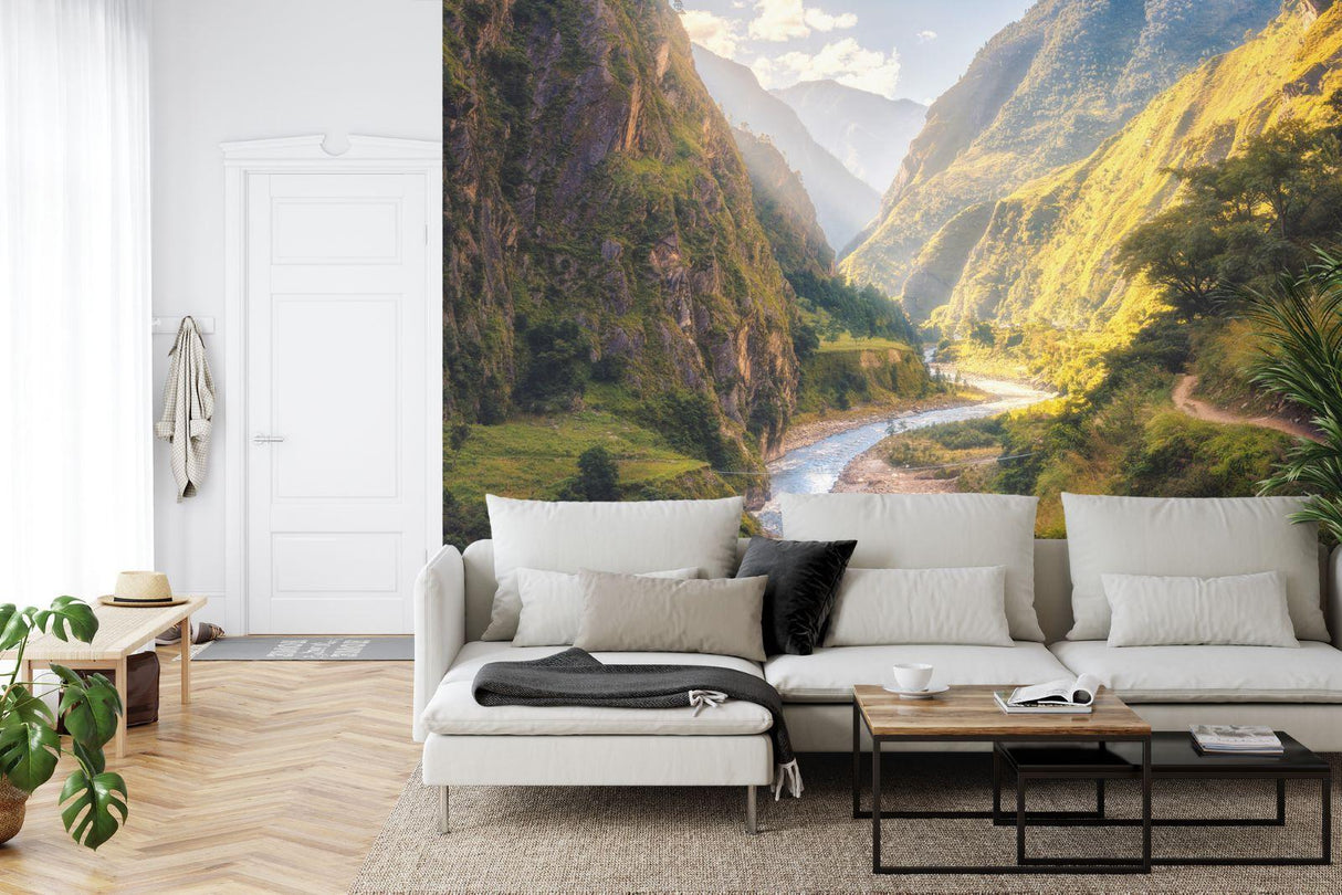 Mountain wall mural bringing nature into a cozy home office setup