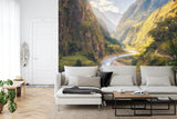 Mountain wall mural bringing nature into a cozy home office setup