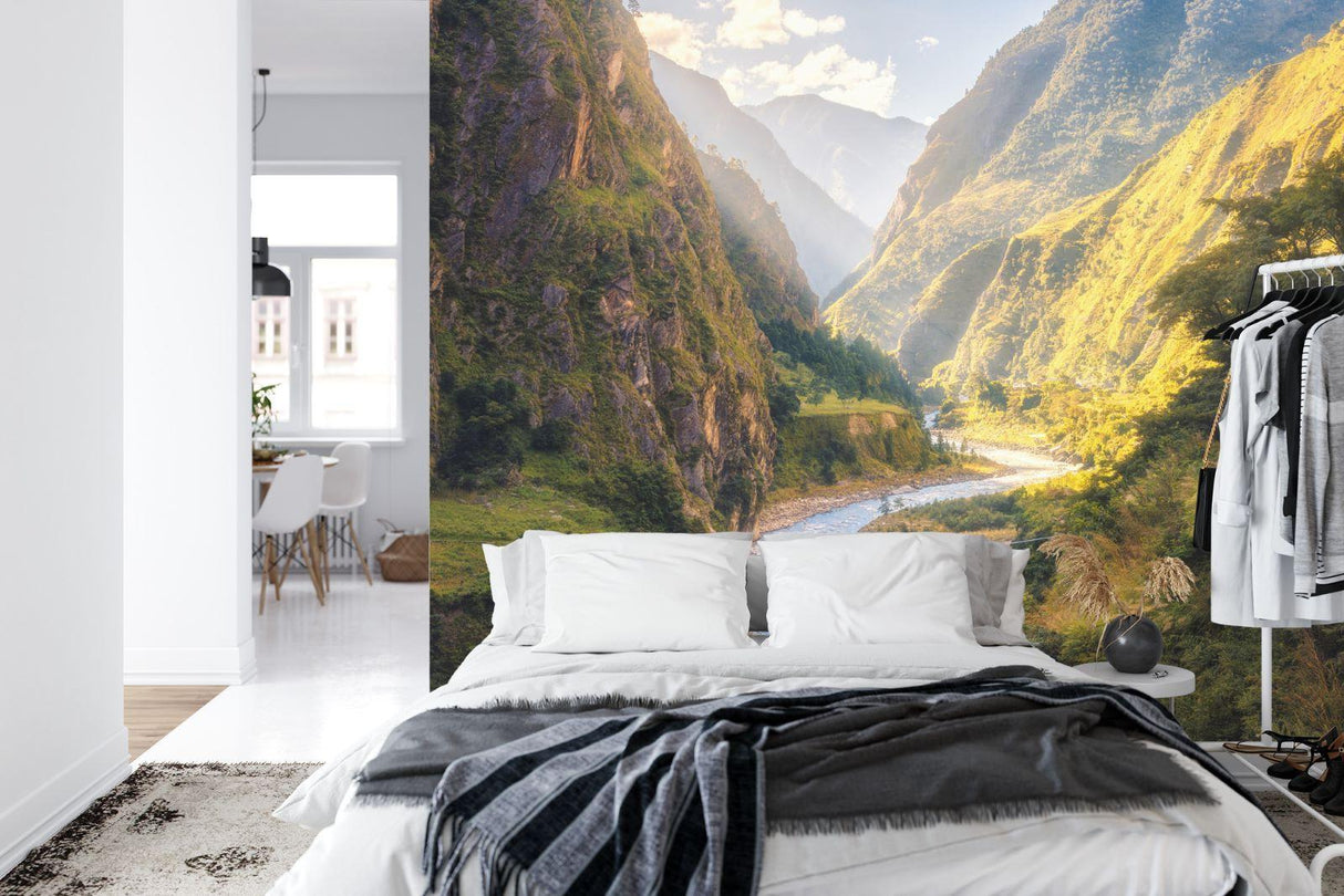Valley landscape wallpaper transforming a dining room with golden sunlight effects