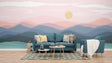 Mountain landscape wallpaper creating depth in modern living room with minimalist furniture