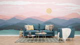 Mountain landscape wallpaper creating depth in modern living room with minimalist furniture