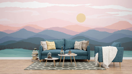 Mountain landscape wallpaper creating depth in modern living room with minimalist furniture