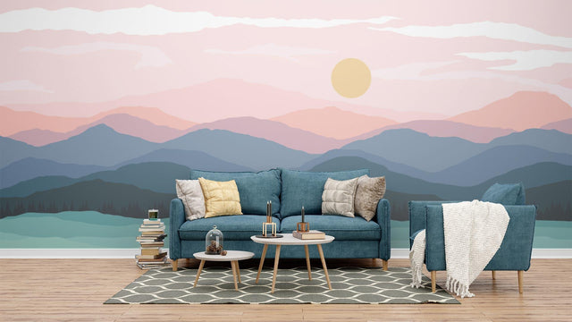Mountain landscape wallpaper creating depth in modern living room with minimalist furniture