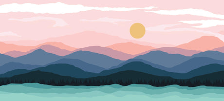 Mountain landscape design file showing complete pattern with sunset gradient colors