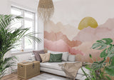 Watercolor mountain mural in bedroom showing scale and warm tones