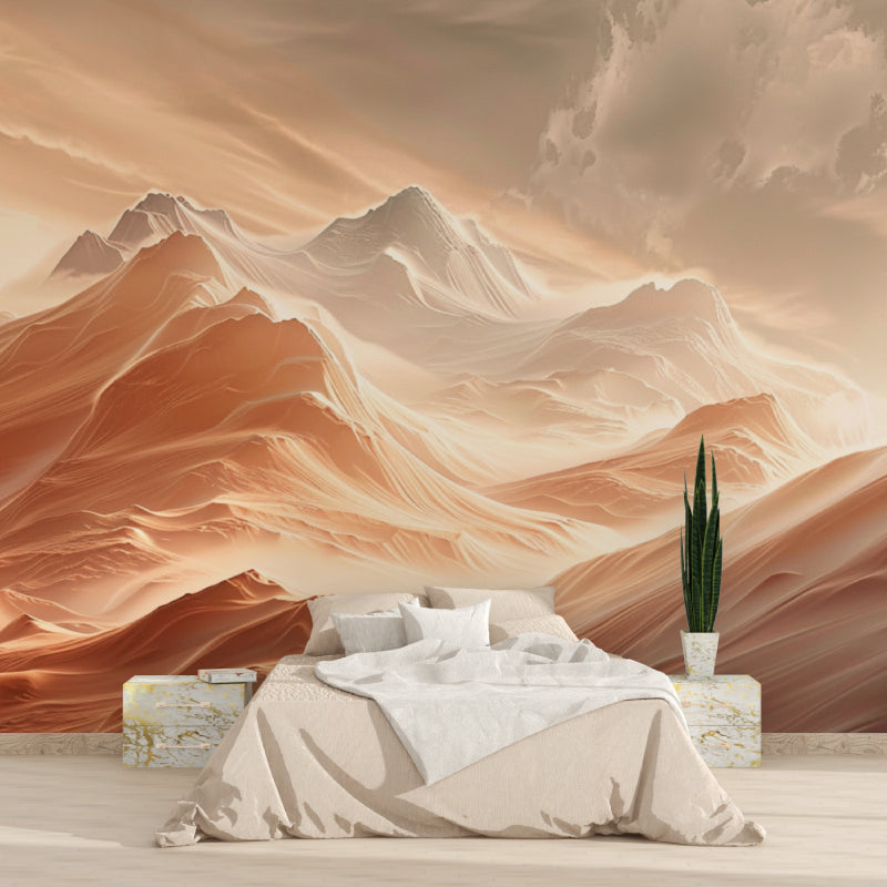 Mountain peak wallpaper making statement in dining room with pendant lights