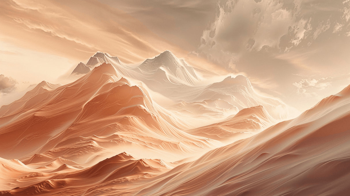 Design file showing detailed mountain range pattern with warm terracotta sunset colors