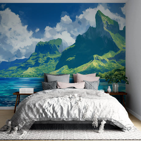 Mountain landscape wallpaper creating depth in a modern living room with natural light streaming through windows