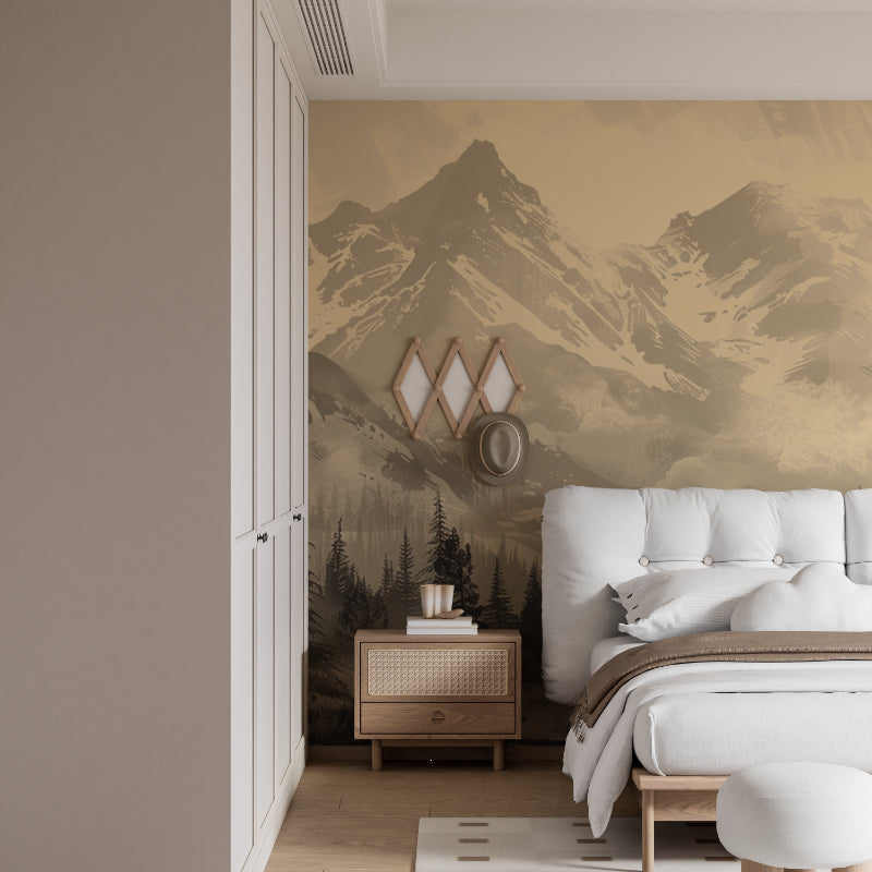 Vintage mountain wallpaper in dining room with wooden furniture