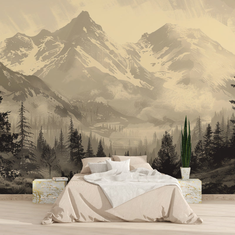 Mountain wall mural adding character to minimalist hallway