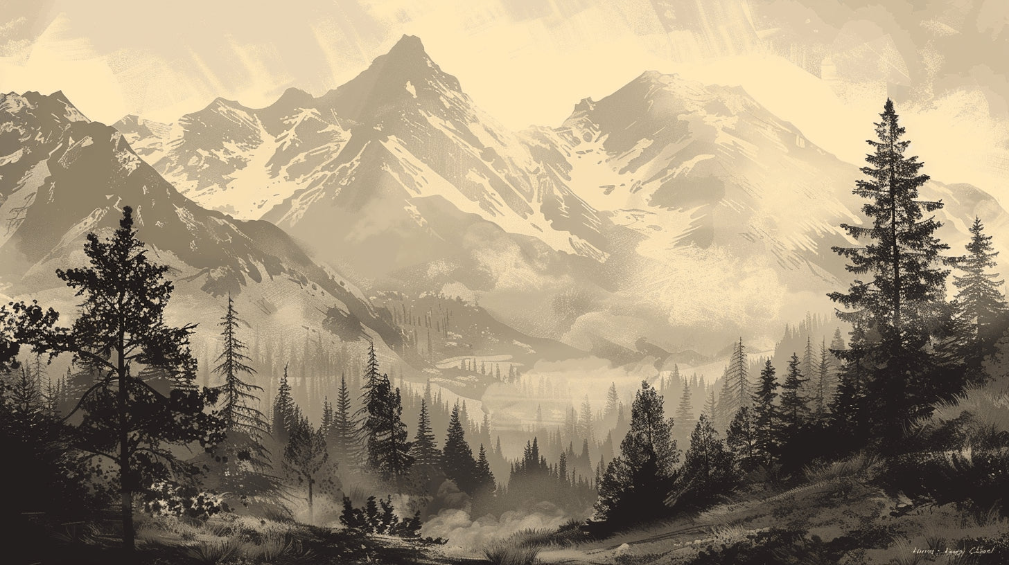 Mountain forest landscape design file showing detailed sepia tones and misty peaks