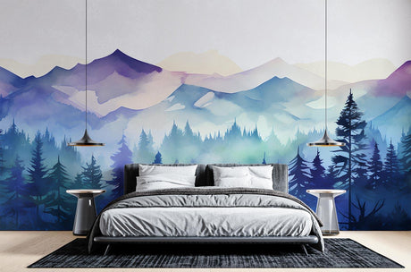 Mountain landscape wallpaper showcased in a modern living room with minimal furniture