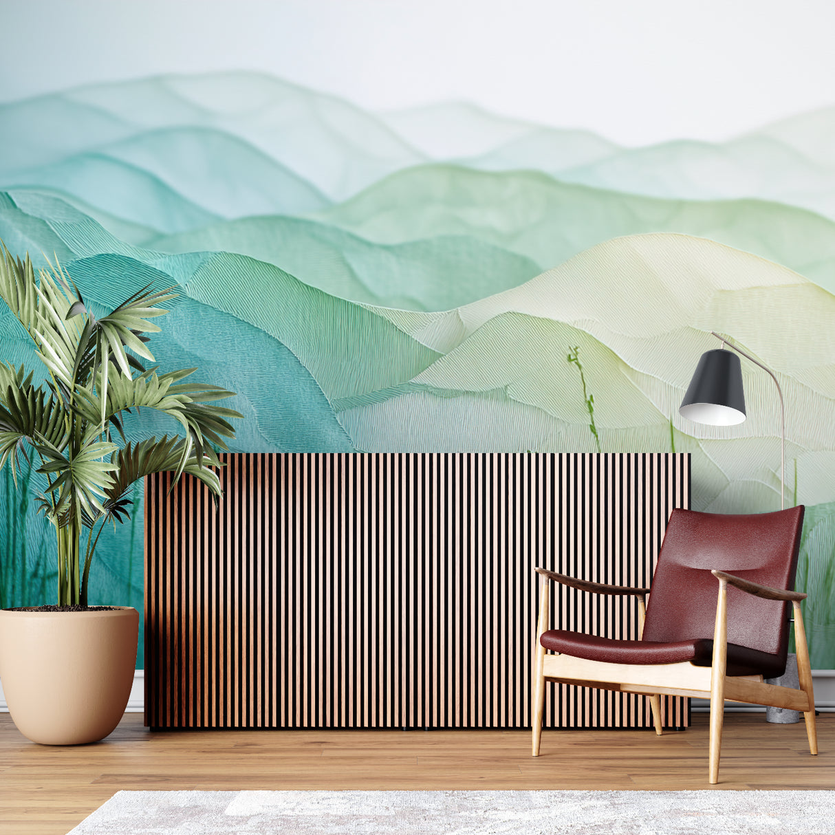 Mountain landscape wallpaper in modern living room creating serene atmosphere with soft green gradient tones