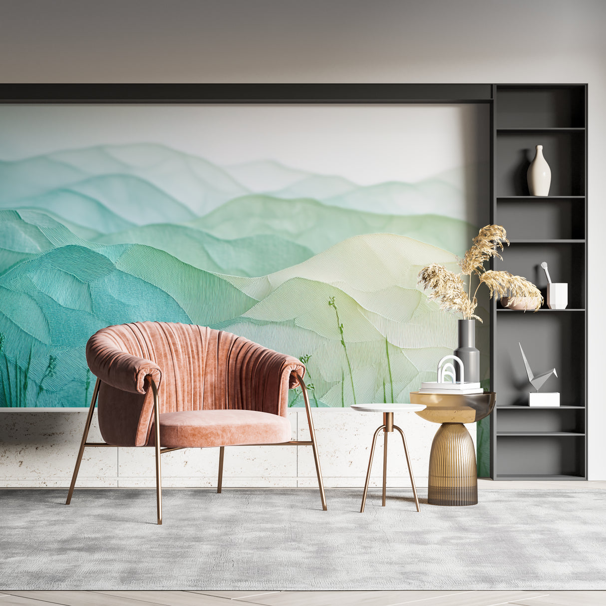 Watercolor mountain mural in bedroom showing peaceful green color palette against white furniture