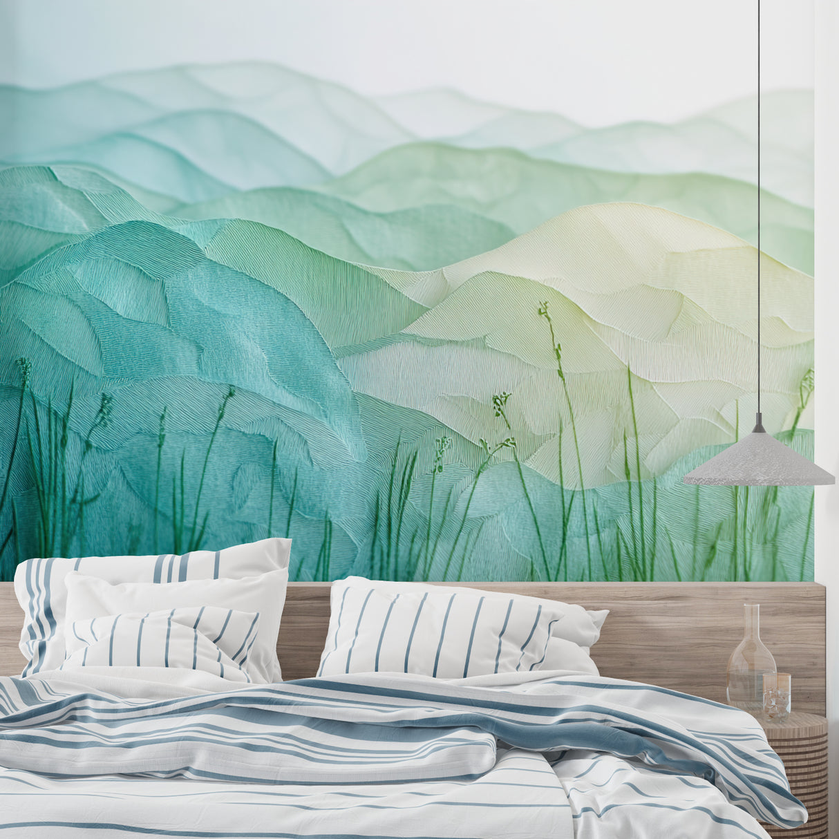 Green mountain wallpaper featured in home office space highlighting calming watercolor effect