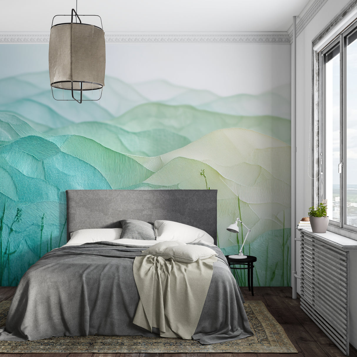 Watercolor mountain design in meditation room emphasizing soothing green gradient effect