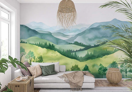 Mountain landscape wallpaper creating a serene atmosphere in a modern living room with minimal furniture