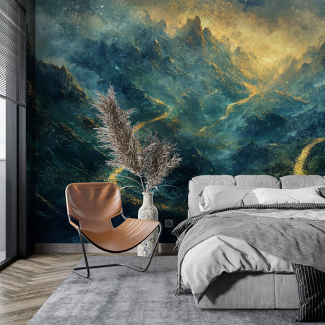 Mountain landscape wallpaper creating depth in a modern living room with minimal furniture