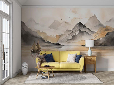 Mountain landscape wallpaper creating a serene atmosphere in a modern living room with minimal furniture