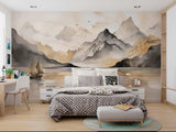 Watercolor mountain mural adding depth to a cozy bedroom with natural light