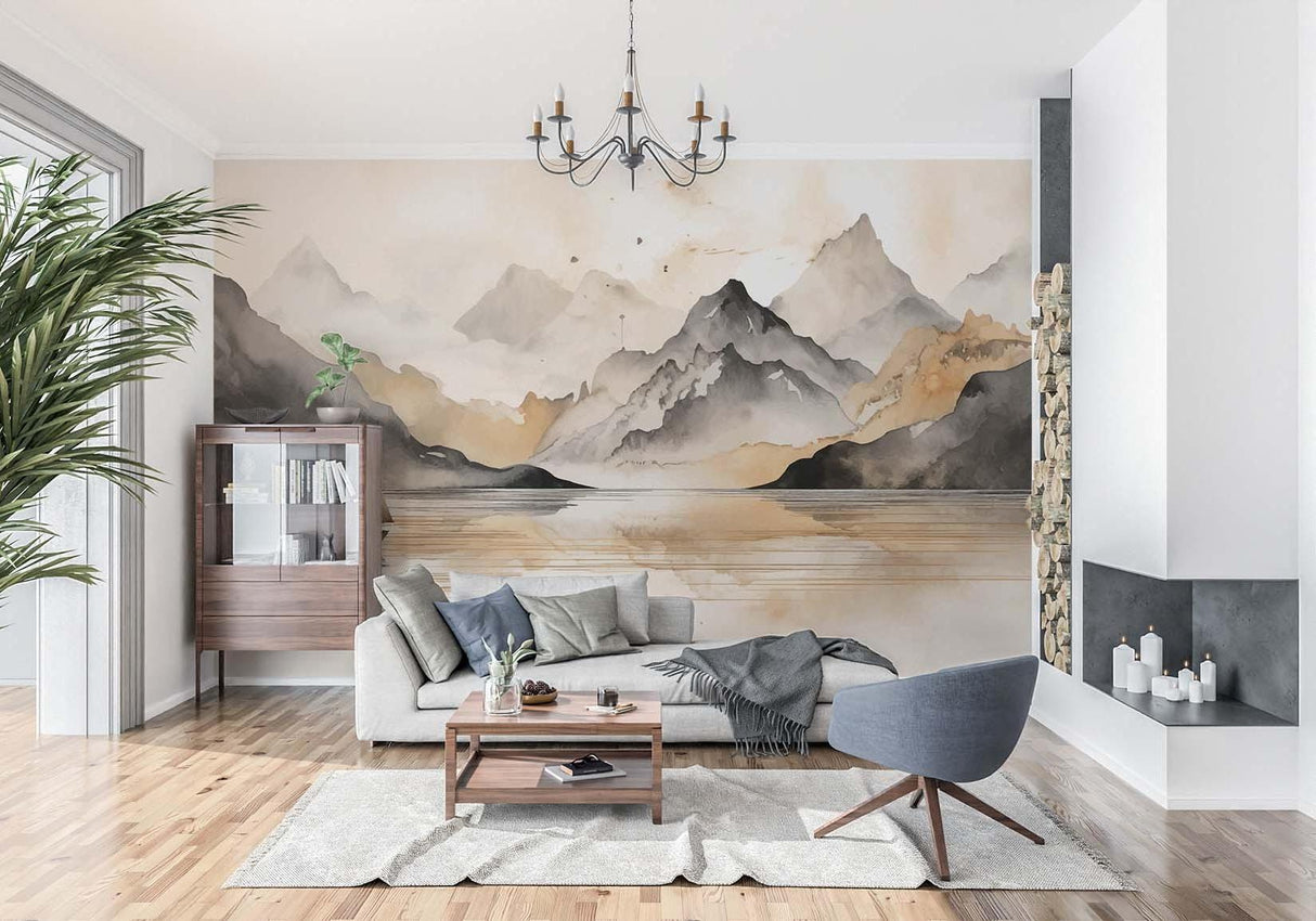 Mountain wall mural transforming a home office with peaceful lake view