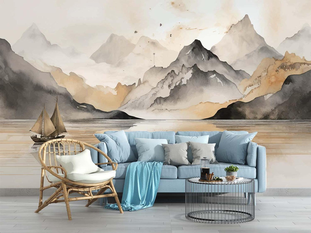 Scenic mountain wallpaper bringing nature into a dining room setting