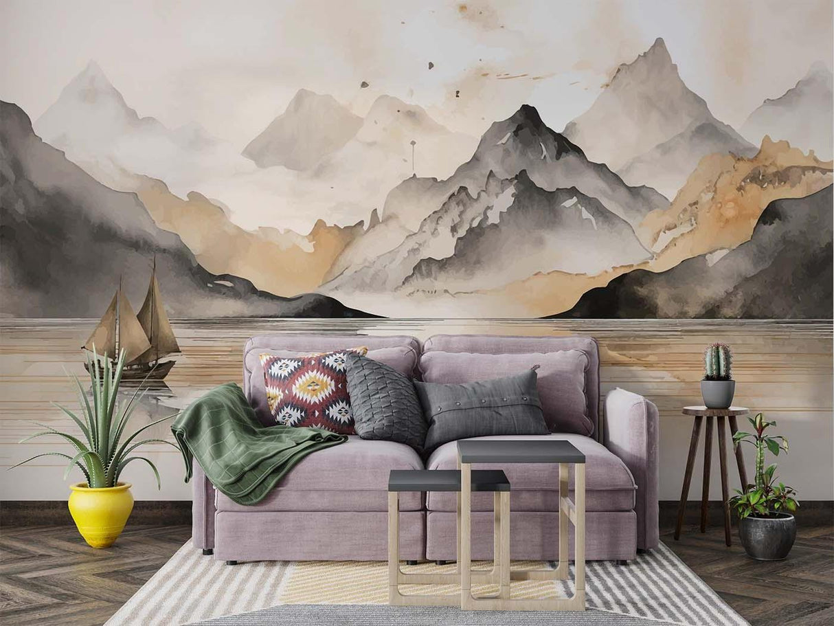 Mountain landscape mural creating a focal point in an entrance hallway