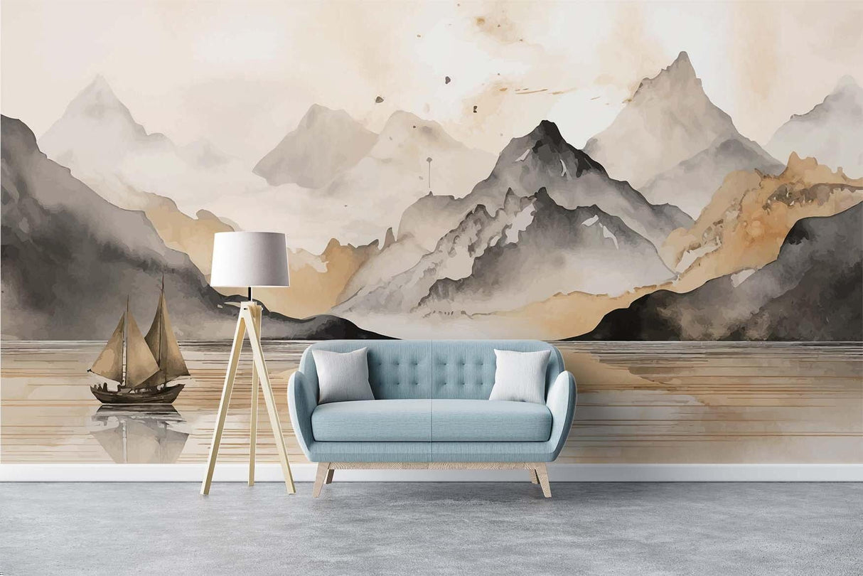 Watercolor mountain scene enhancing a meditation room's calm atmosphere